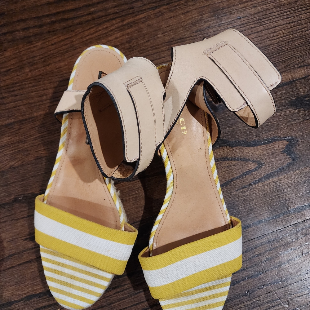 Coach Beige Ankle-Strap Sandals with Yellow and White Striped Band